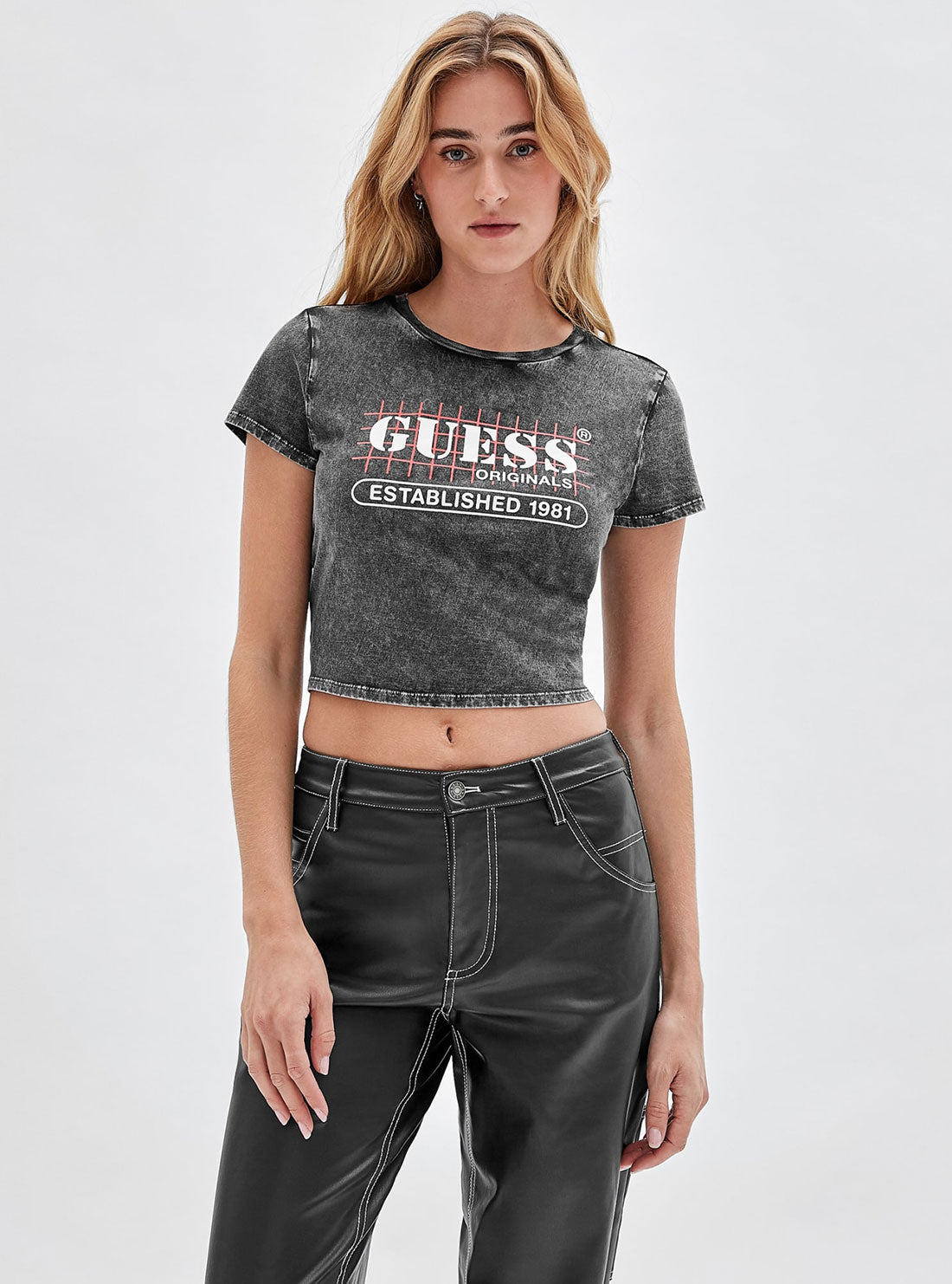 Guess Originals Black Raelyn Grid Logo Crop T-Shirt