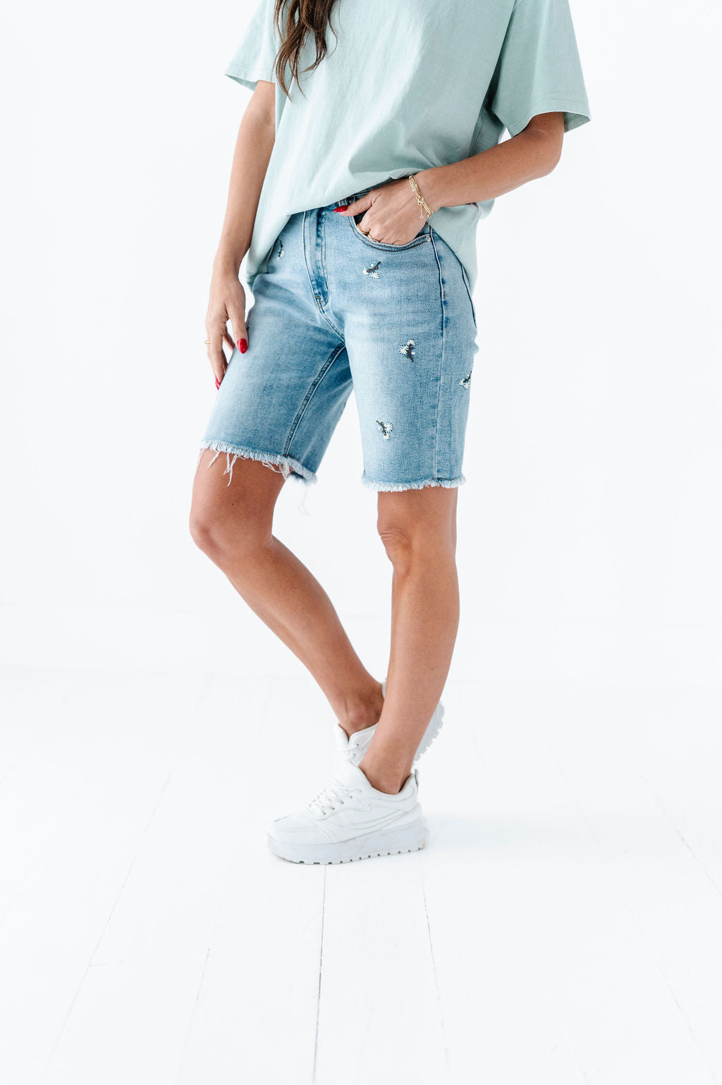 Sunny Embroidered Denim Bermuda Shorts