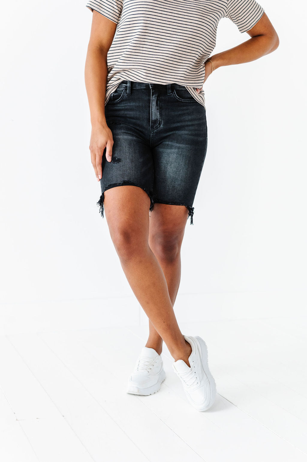 Wren High Rise Boyfriend Long Shorts in Black